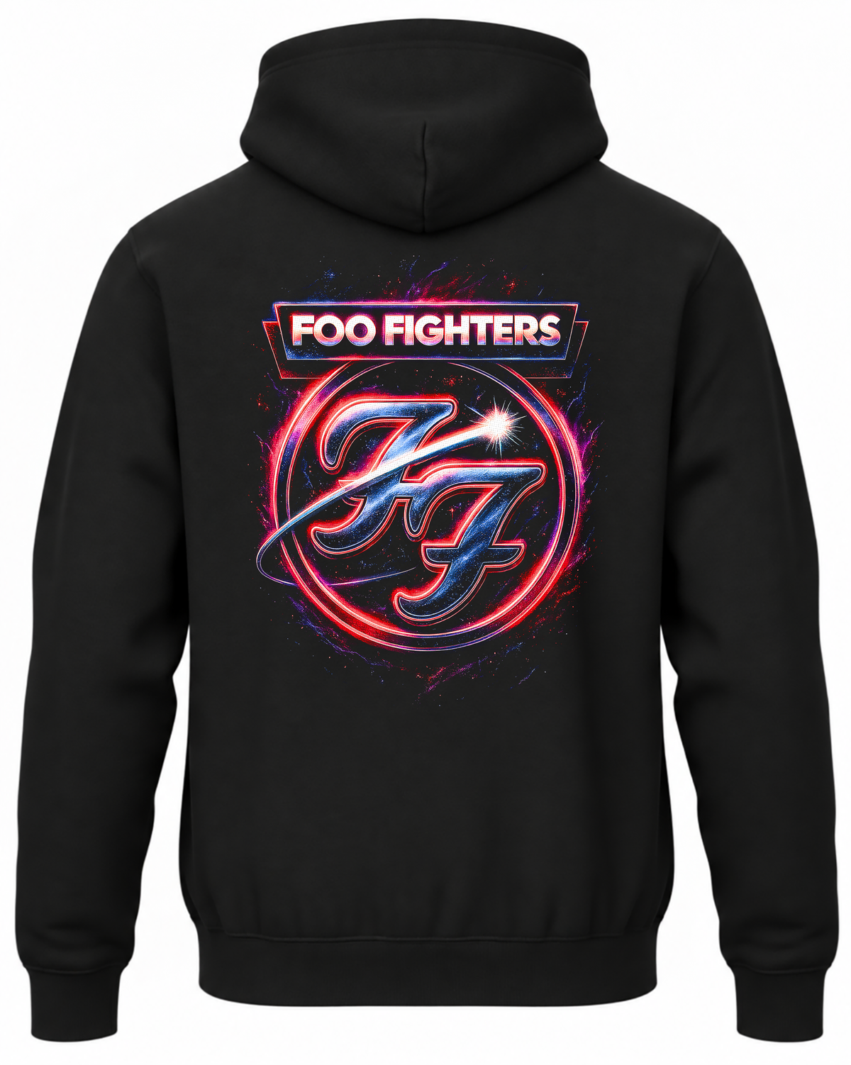 Czarna bluza Foo Fighters z kapturem i neonowym czerwono-niebieskim logo na plecach