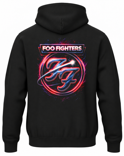 Czarna bluza Foo Fighters z kapturem i neonowym czerwono-niebieskim logo na plecach