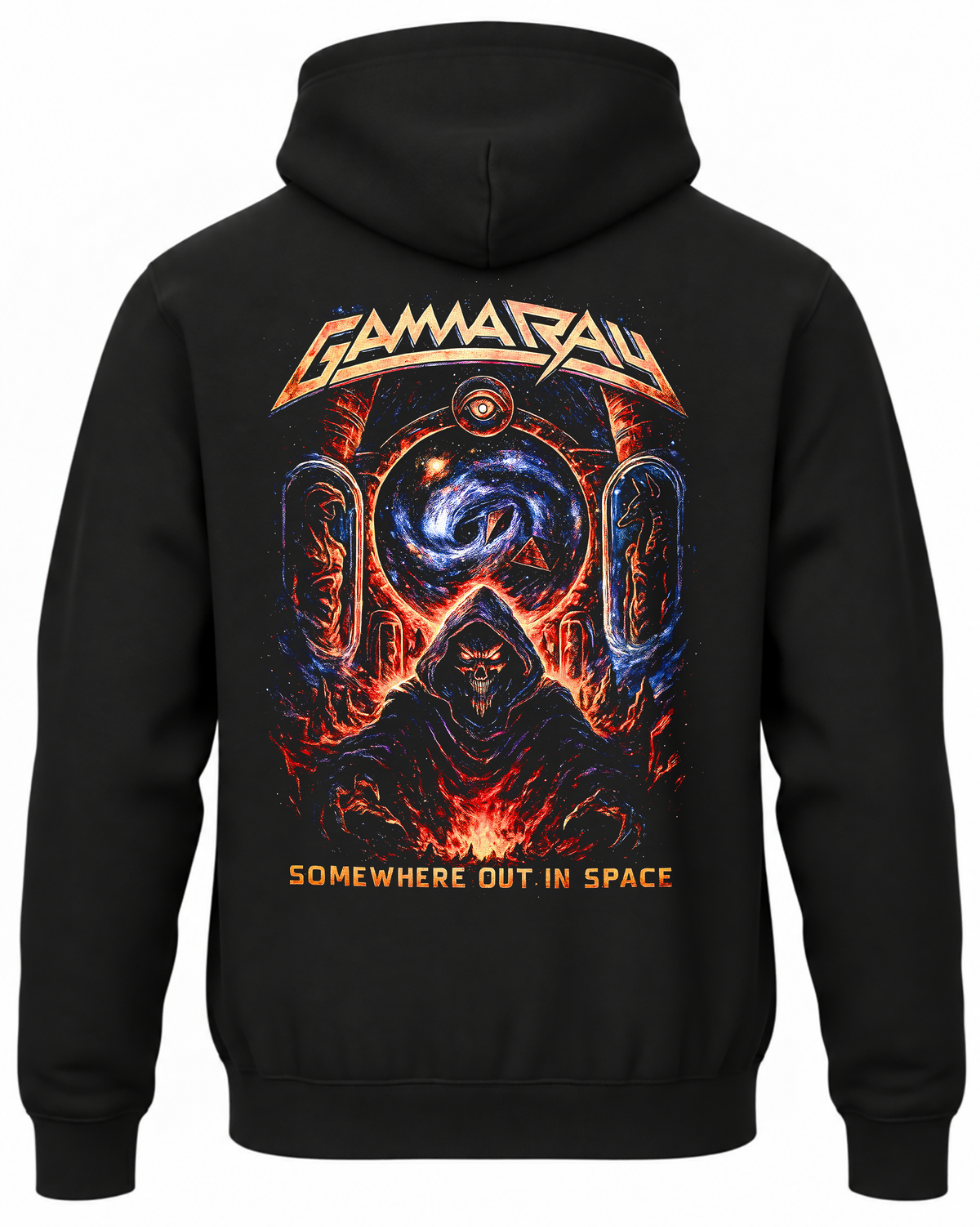 Czarna bluza Gamma Ray z kapturem i kolorową kosmiczną grafiką zespołu na plecach