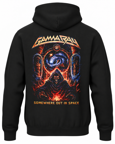 Czarna bluza Gamma Ray z kapturem i kolorową kosmiczną grafiką zespołu na plecach