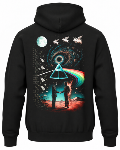 Czarna bluza z kapturem z motywem Pink Floyd, pryzmatem, tęczą i dwiema postaciami na plecach