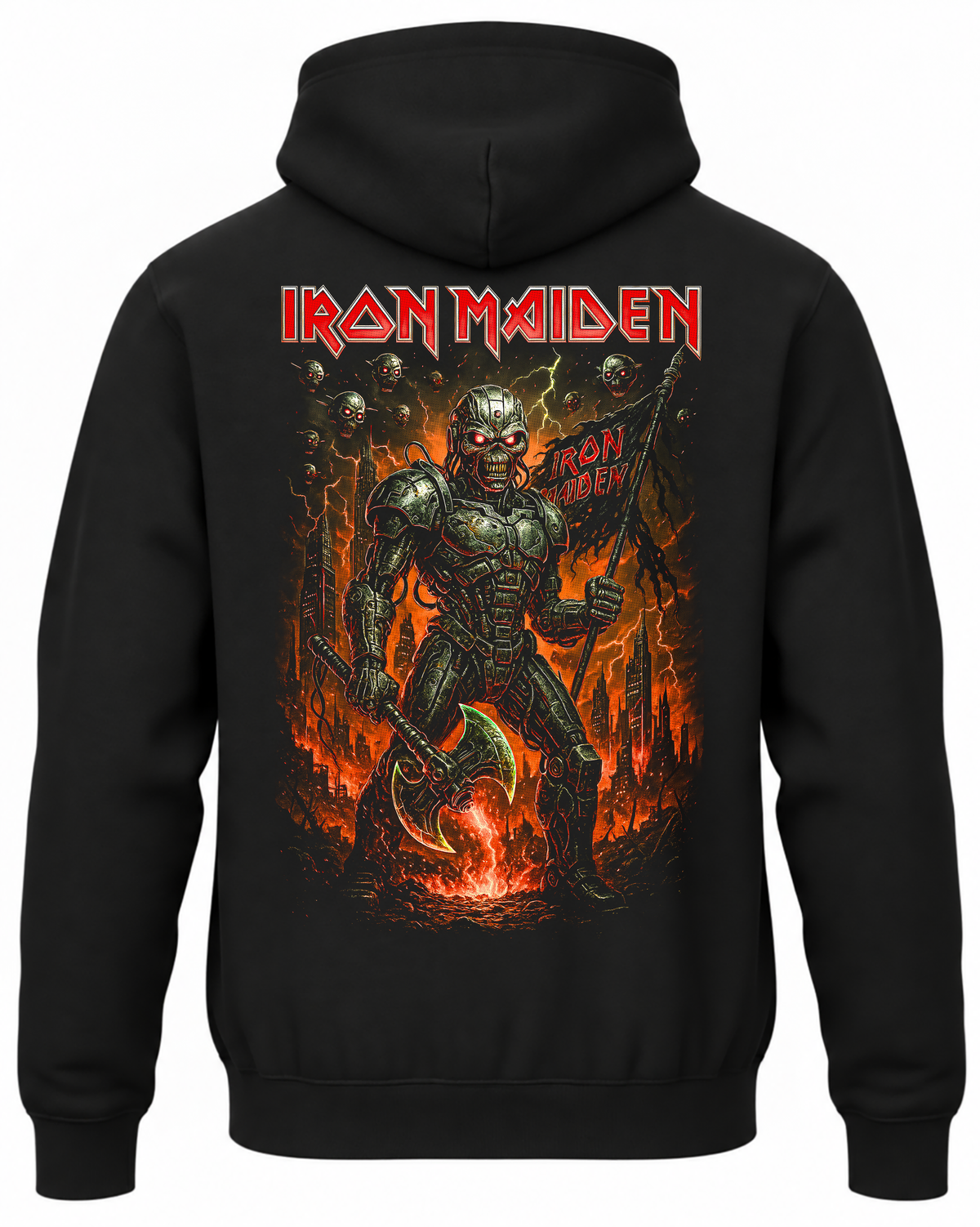 Czarna bluza z kapturem z napisem Iron Maiden i Eddiem wśród płomieni na plecach