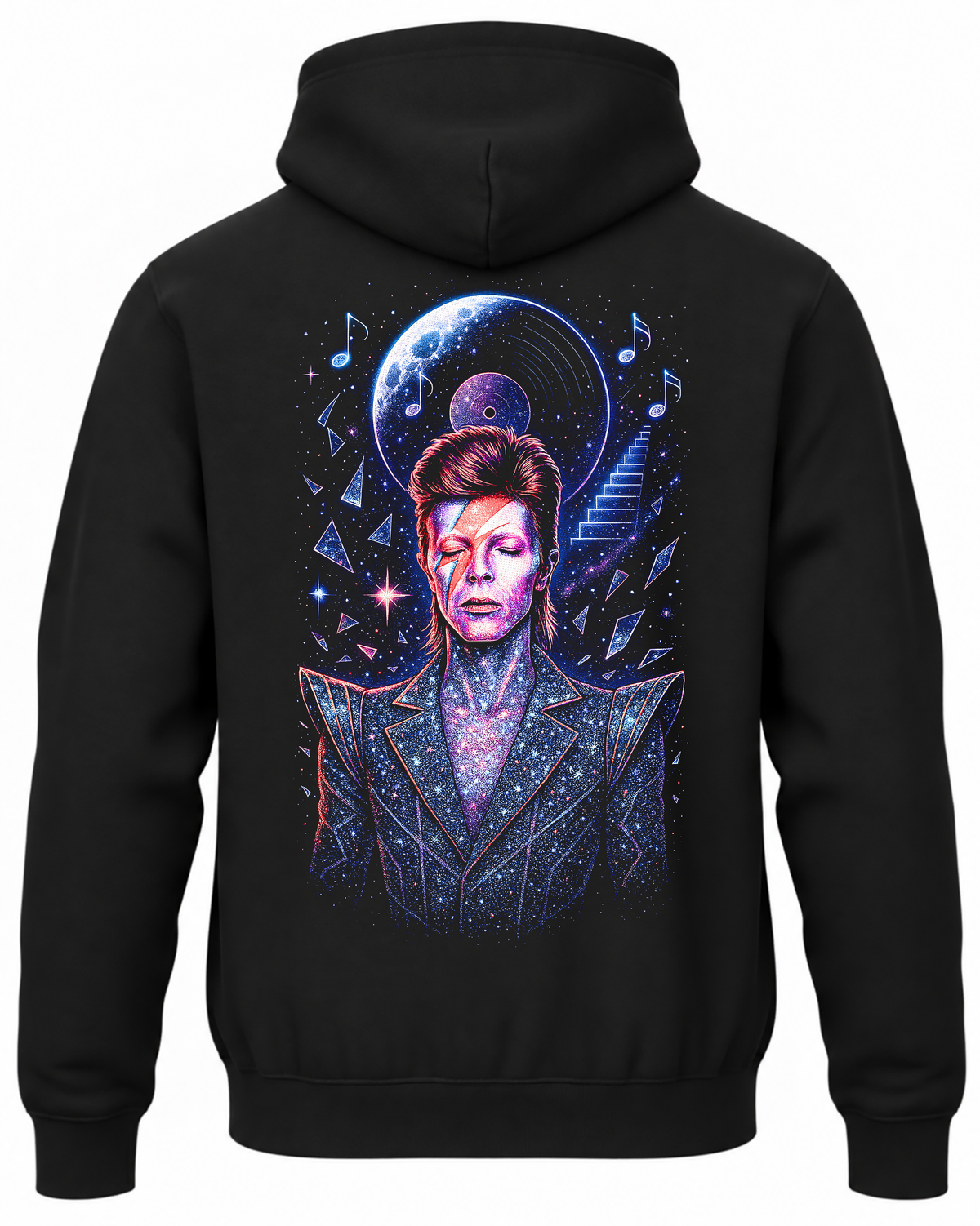 Czarna bluza z kapturem z kosmicznym portretem Davida Bowiego, planetami i nutami na plecach