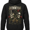 Czarna bluza z kapturem z napisem Guns N’ Roses, dwiema czaszkami, różami i rewolwerami na plecach