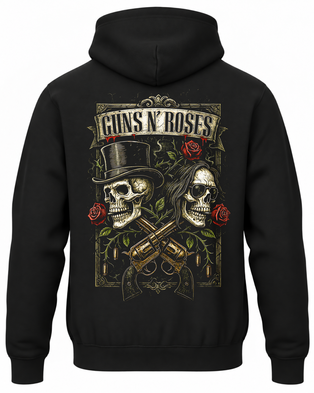 Czarna bluza z kapturem z napisem Guns N’ Roses, dwiema czaszkami, różami i rewolwerami na plecach