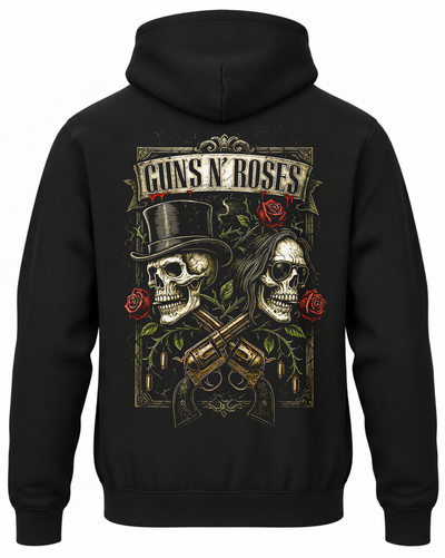 Czarna bluza z kapturem z napisem Guns N’ Roses, dwiema czaszkami, różami i rewolwerami na plecach