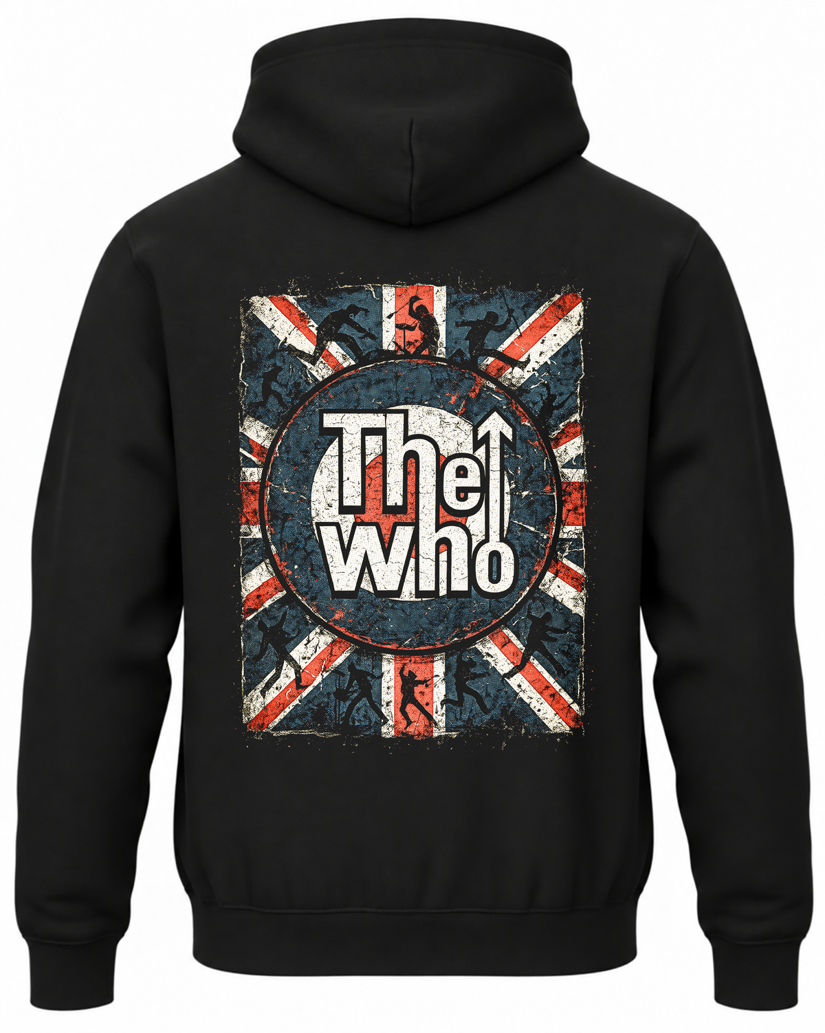 Czarna bluza z kapturem z logo The Who na tle flagi Union Jack na plecach