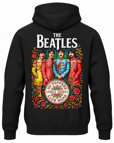 Czarna bluza z kapturem z zespołem The Beatles w kolorowych strojach Sgt. Pepper’s na plecach