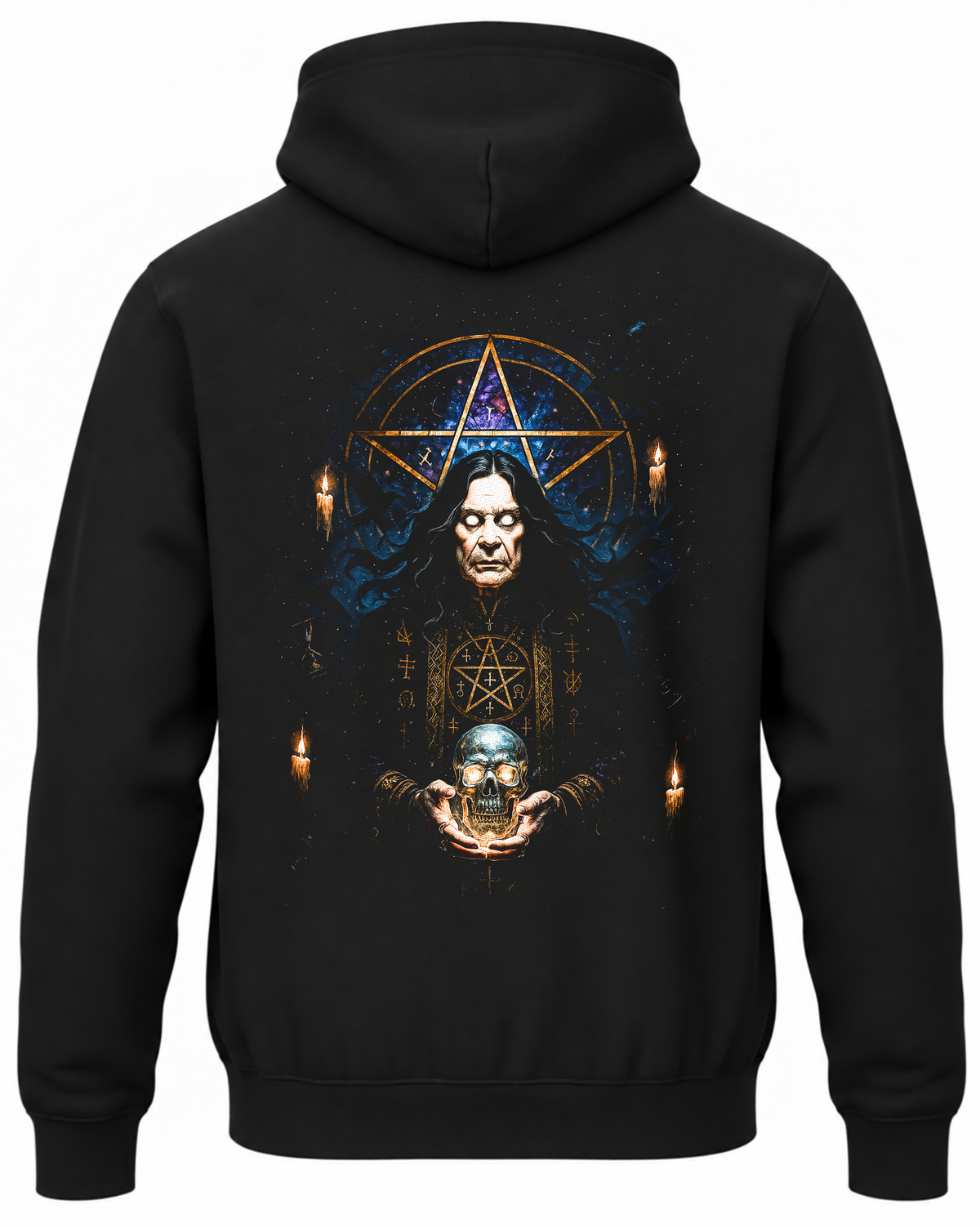 Czarna bluza z kapturem z portretem Ozzy’ego Osbourne’a i niebieskim pentagramem na plecach