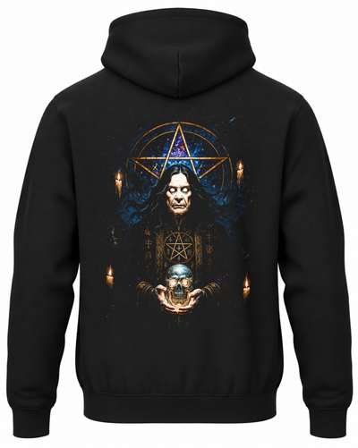 Czarna bluza z kapturem z portretem Ozzy’ego Osbourne’a i niebieskim pentagramem na plecach