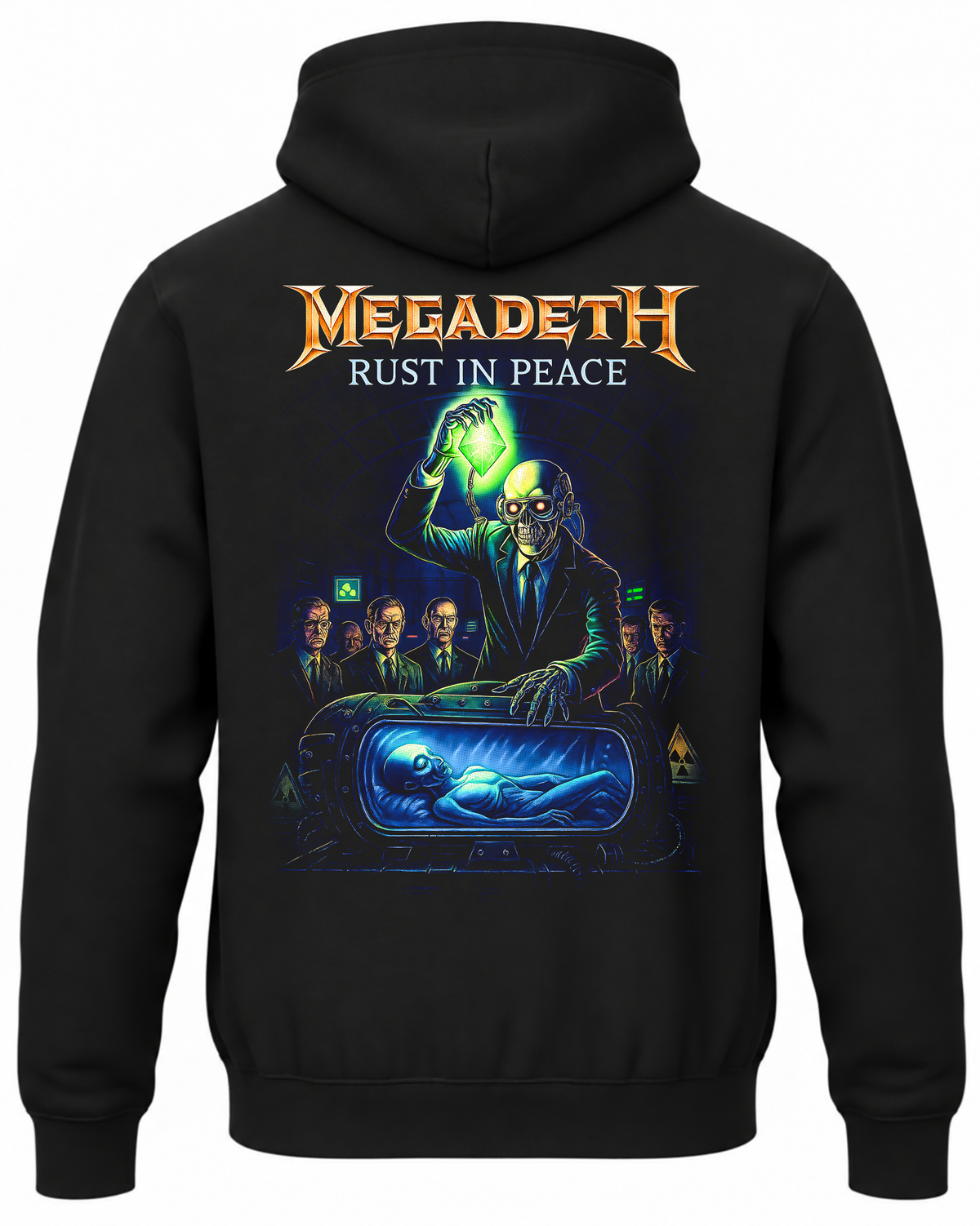 Czarna bluza z kapturem z motywem albumu Megadeth Rust in Peace na plecach