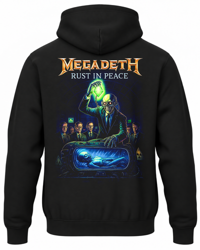 Czarna bluza z kapturem z motywem albumu Megadeth Rust in Peace na plecach