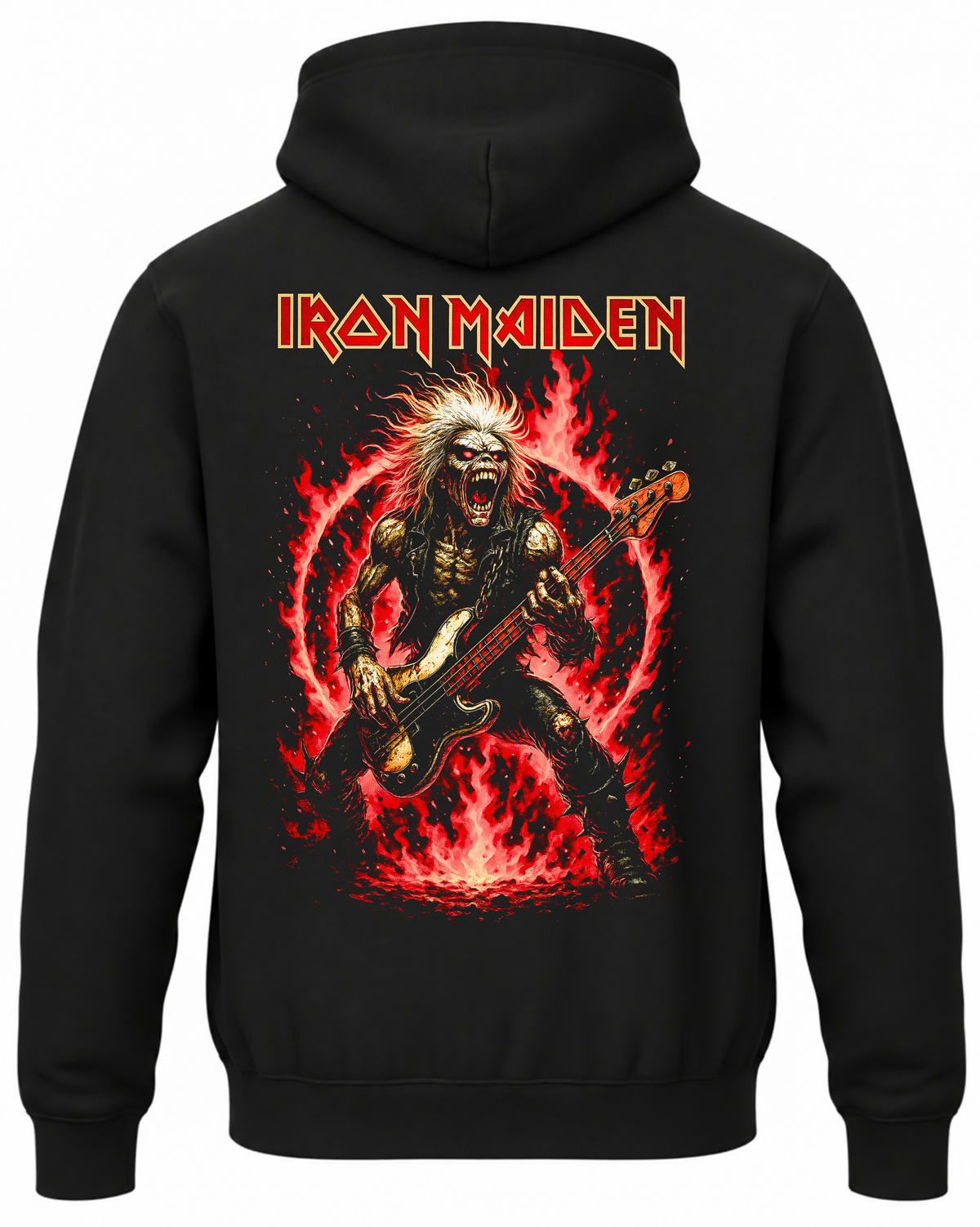 Czarna bluza z kapturem z napisem Iron Maiden i Eddiem grającym na gitarze w ognistym okręgu na plecach