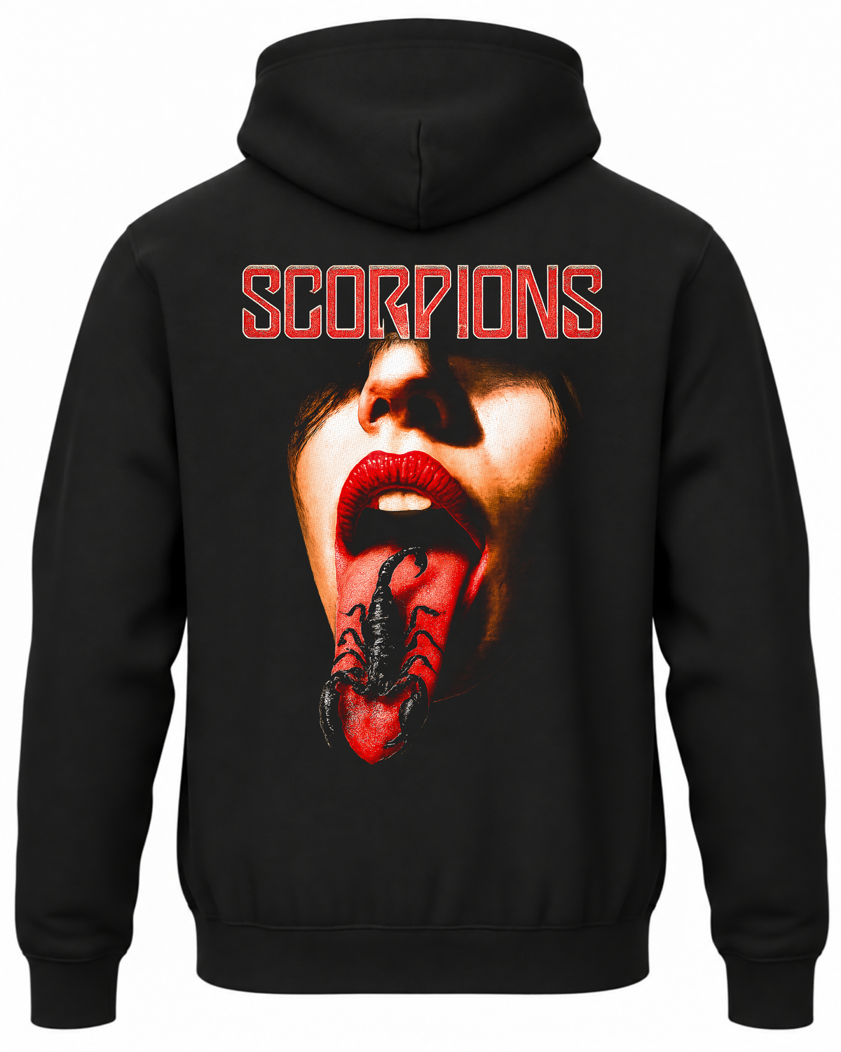 Czarna bluza z kapturem z napisem Scorpions i ustami ze skorpionem na języku na plecach
