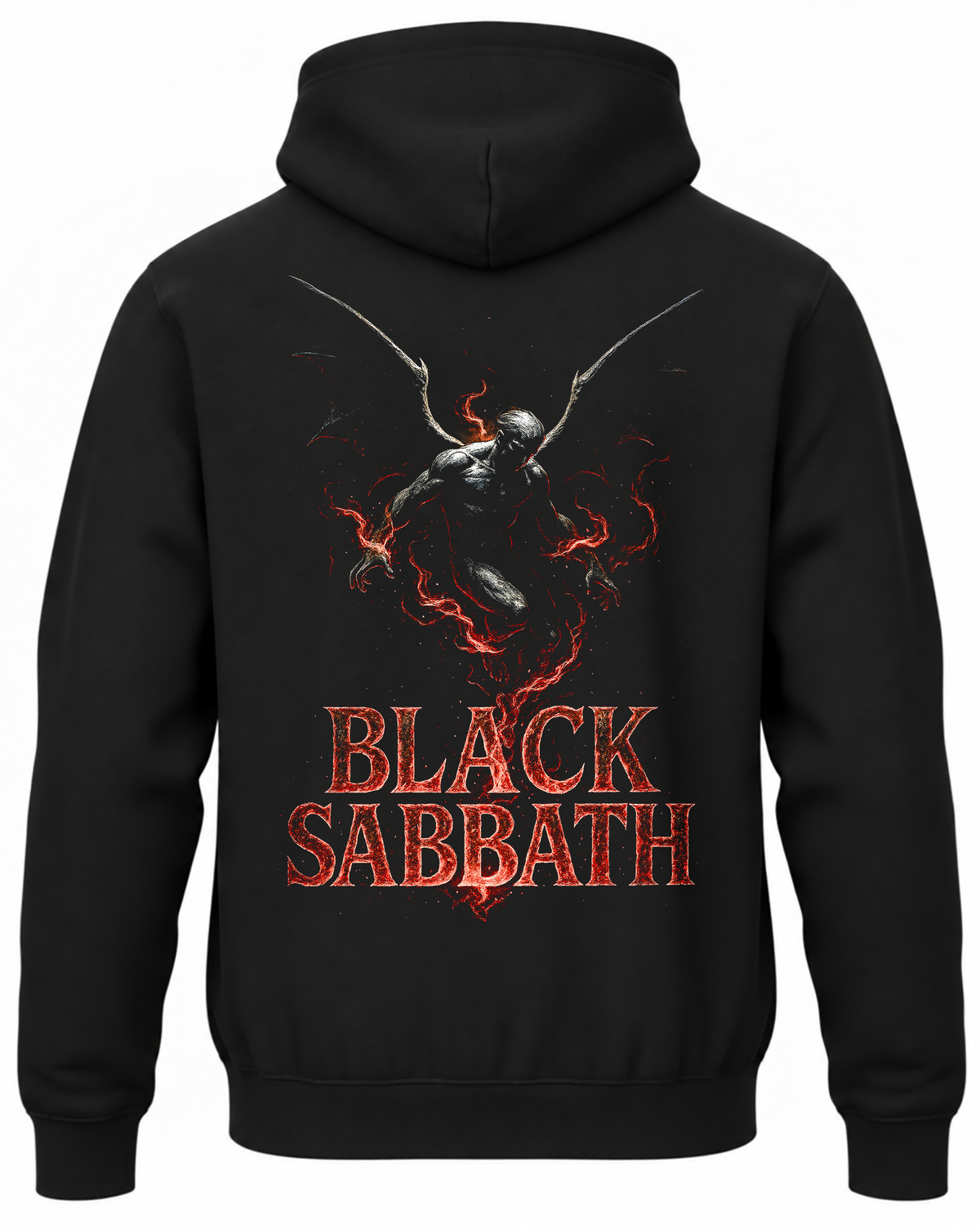 Czarna bluza z kapturem z napisem Black Sabbath i skrzydlatym demonem na plecach