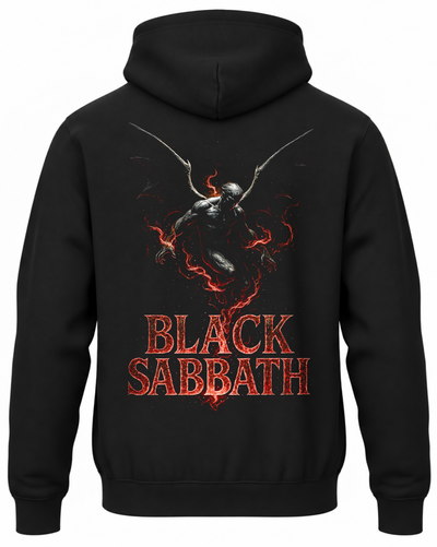 Czarna bluza z kapturem z napisem Black Sabbath i skrzydlatym demonem na plecach