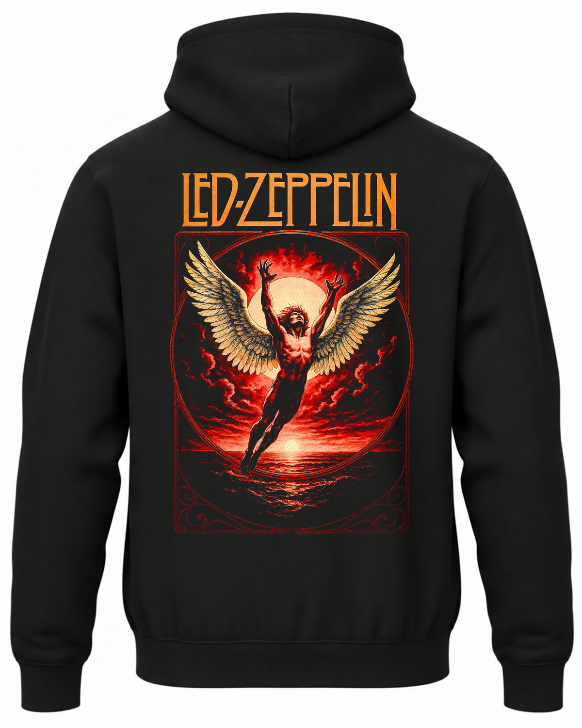 Czarna bluza z kapturem z napisem Led Zeppelin i skrzydlatym Ikarem w płomieniach na plecach