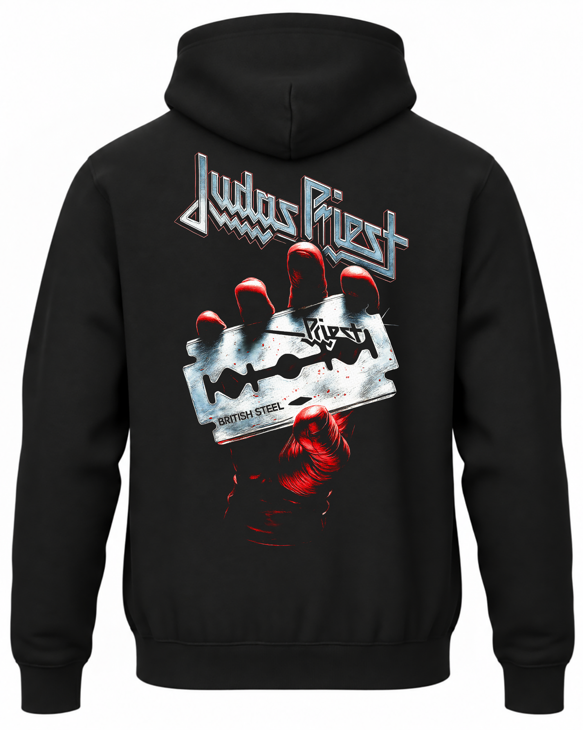 Czarna bluza z kapturem z napisem Judas Priest i motywem żyletki British Steel na plecach
