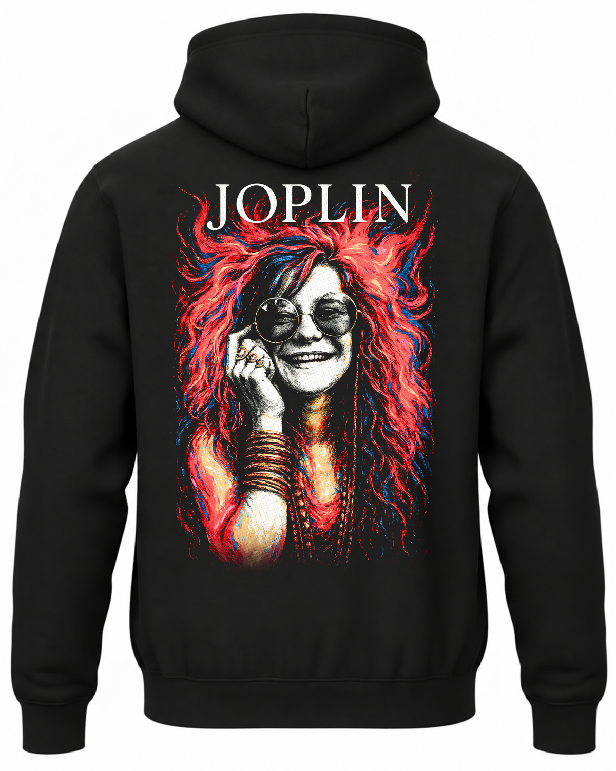 Czarna bluza z kapturem z czerwonym portretem Janis Joplin w okularach na plecach