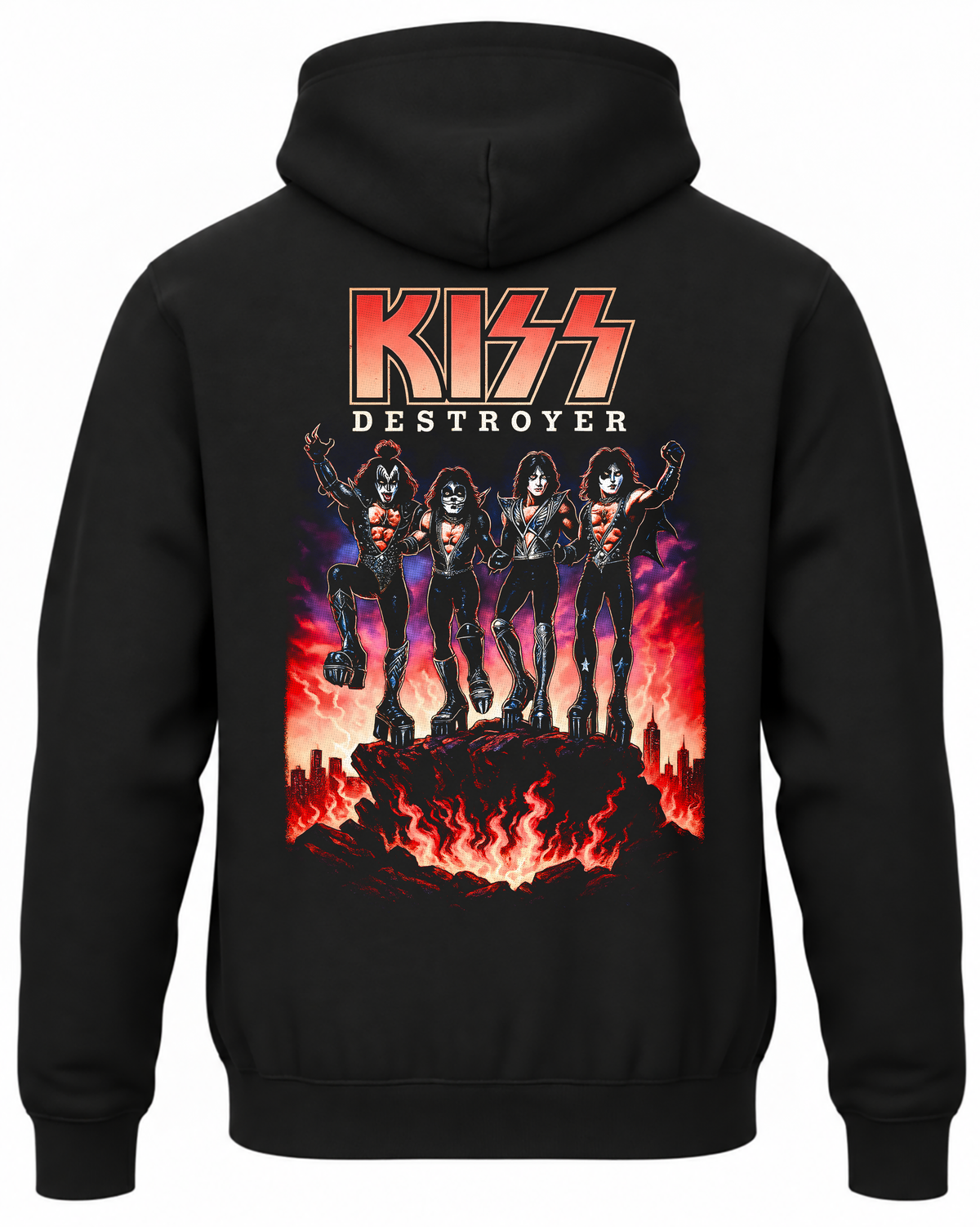 Czarna bluza z kapturem z zespołem KISS i motywem albumu Destroyer na plecach