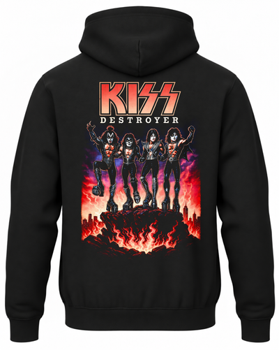 Czarna bluza z kapturem z zespołem KISS i motywem albumu Destroyer na plecach