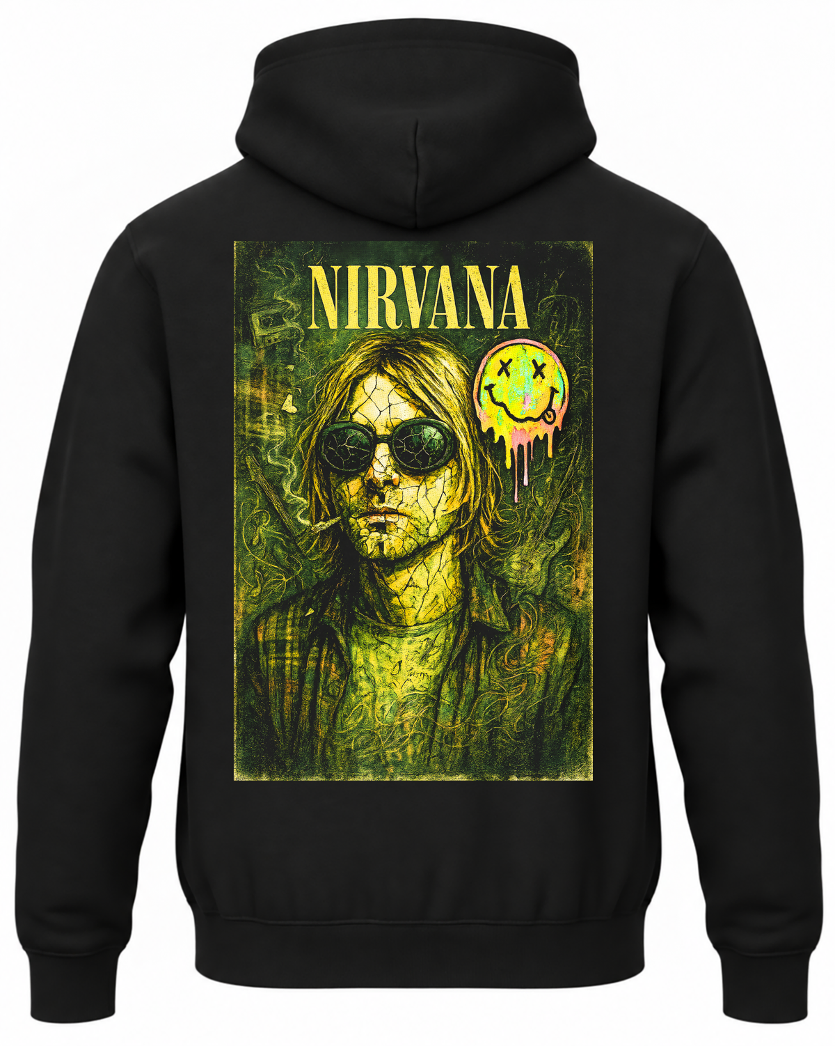 Czarna bluza z kapturem z zielonym portretem Kurta Cobaina w okularach oraz napisem Nirvana na plecach