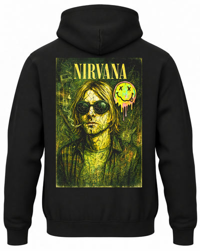 Czarna bluza z kapturem z zielonym portretem Kurta Cobaina w okularach oraz napisem Nirvana na plecach