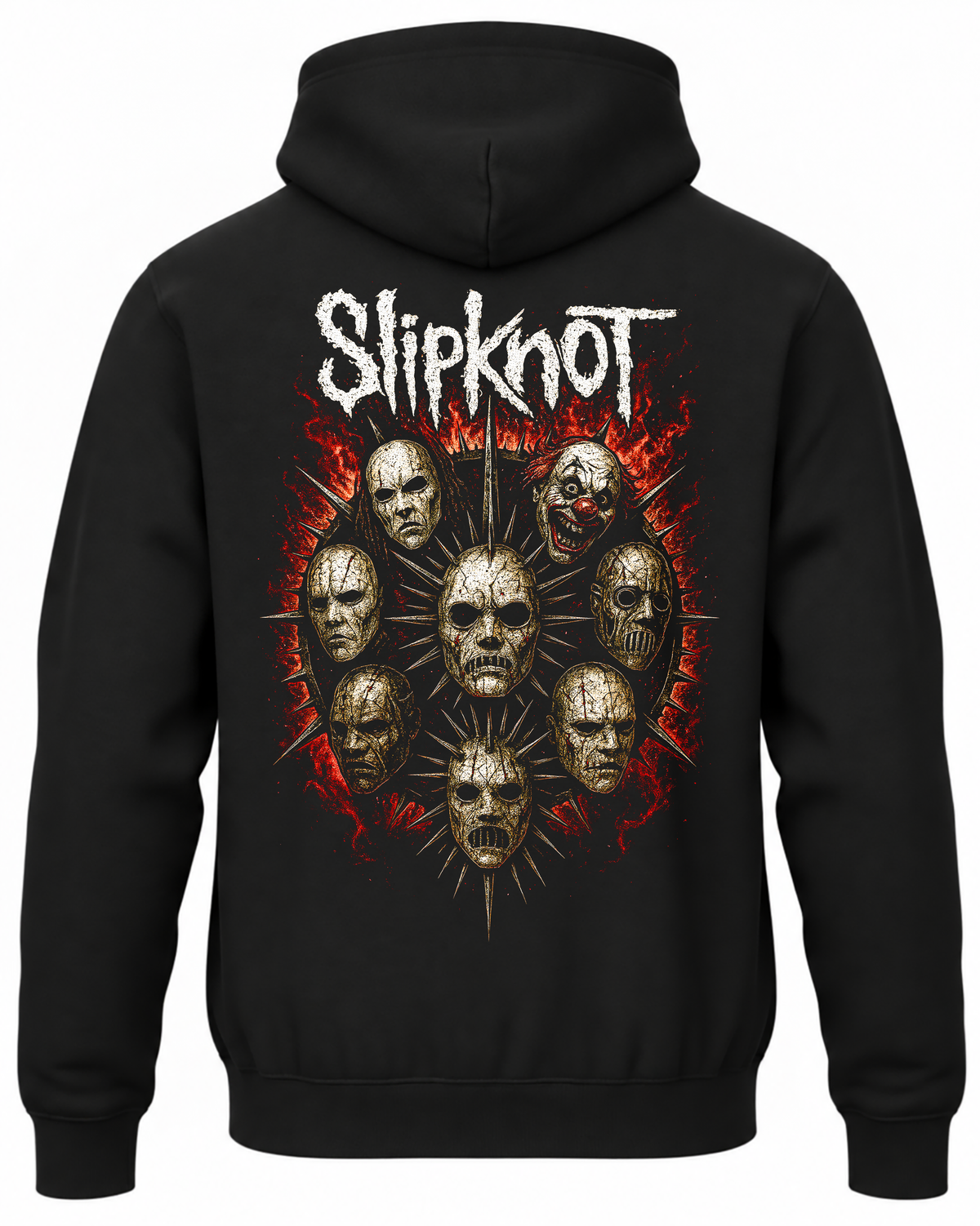Czarna bluza z kapturem z napisem Slipknot i maskami zespołu na czerwonym tle na plecach