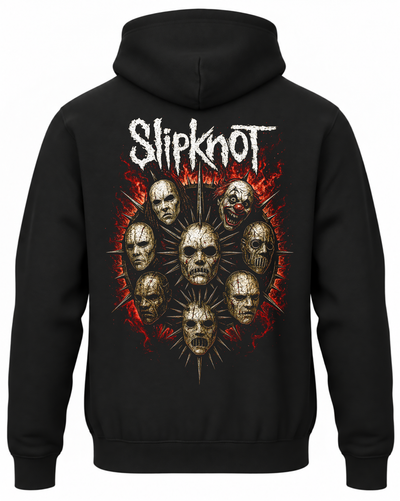 Czarna bluza z kapturem z napisem Slipknot i maskami zespołu na czerwonym tle na plecach