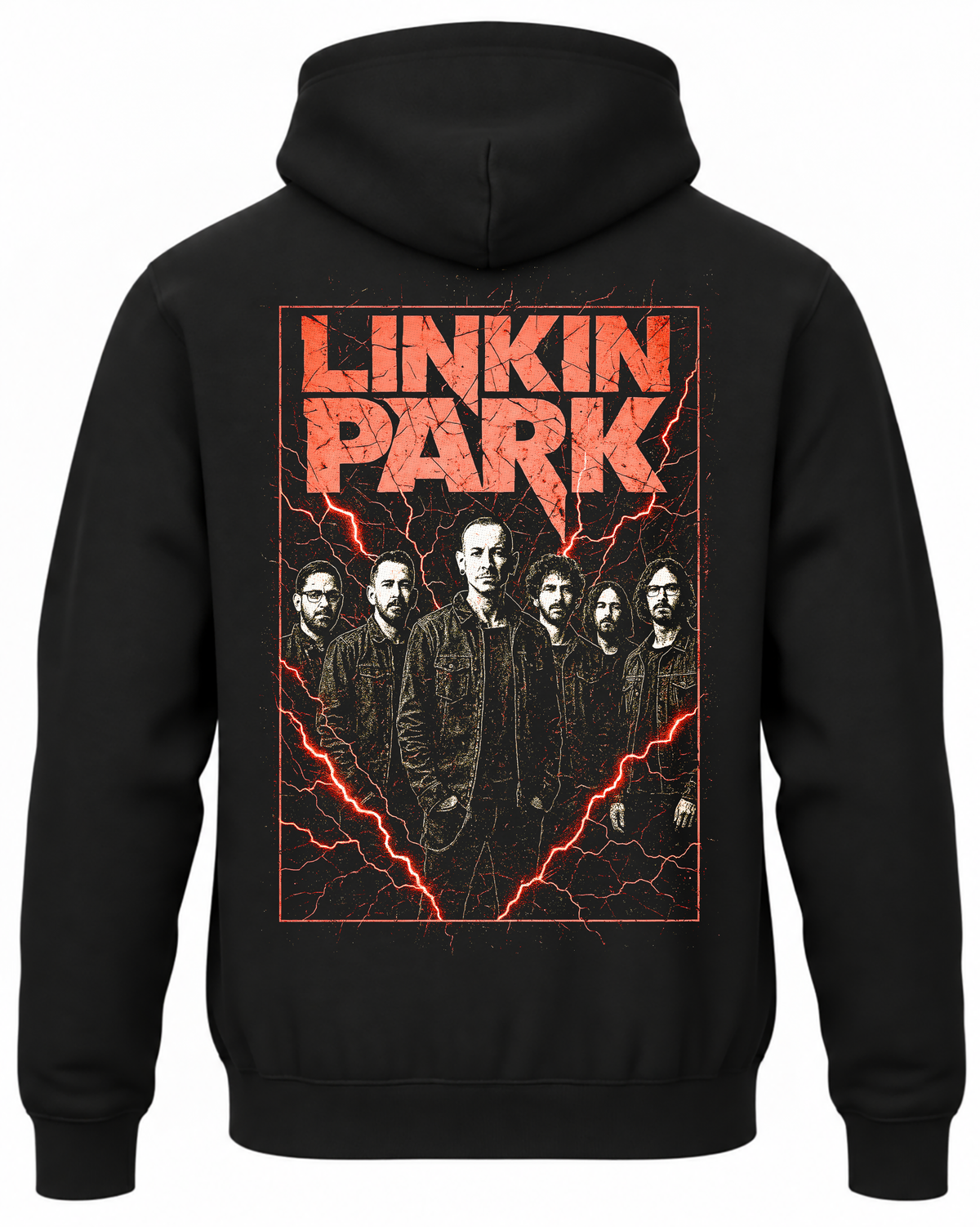 Czarna bluza z kapturem z czerwonym napisem Linkin Park i portretem zespołu na plecach