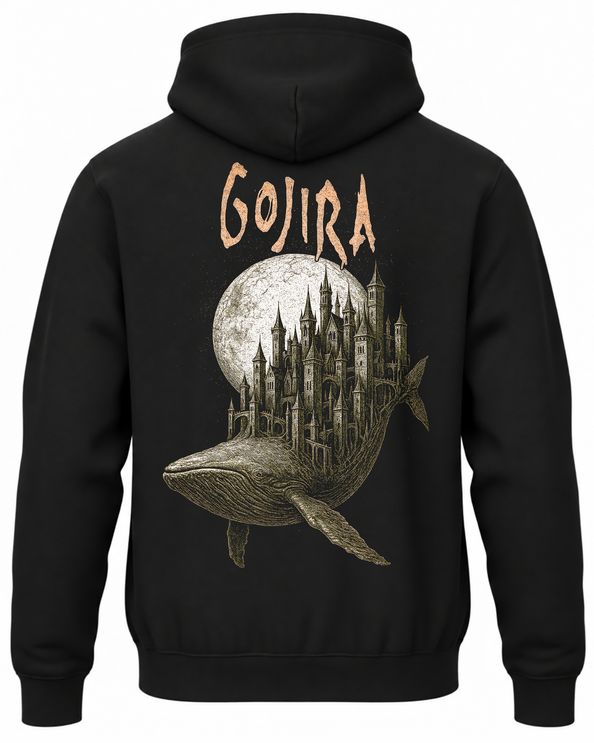 Czarna bluza z kapturem z napisem Gojira i wielorybem niosącym zamek na tle księżyca na plecach