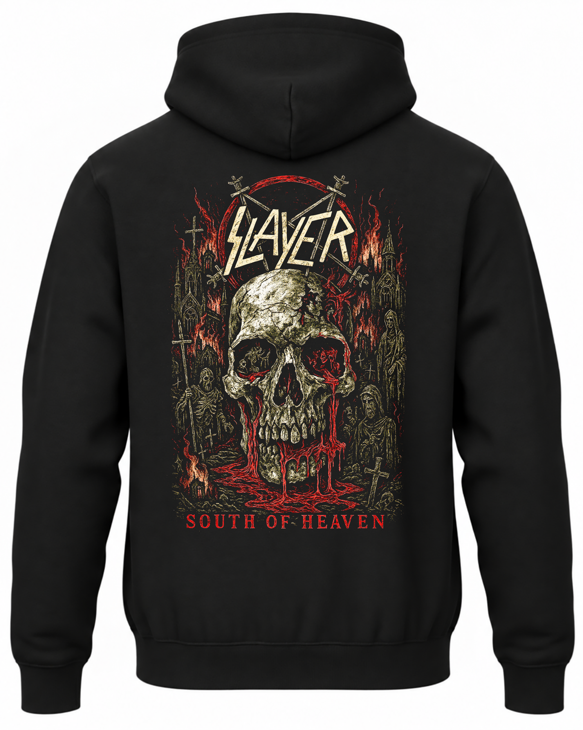 Czarna bluza z kapturem z napisem Slayer South of Heaven, czaszką i czerwonymi akcentami na plecach
