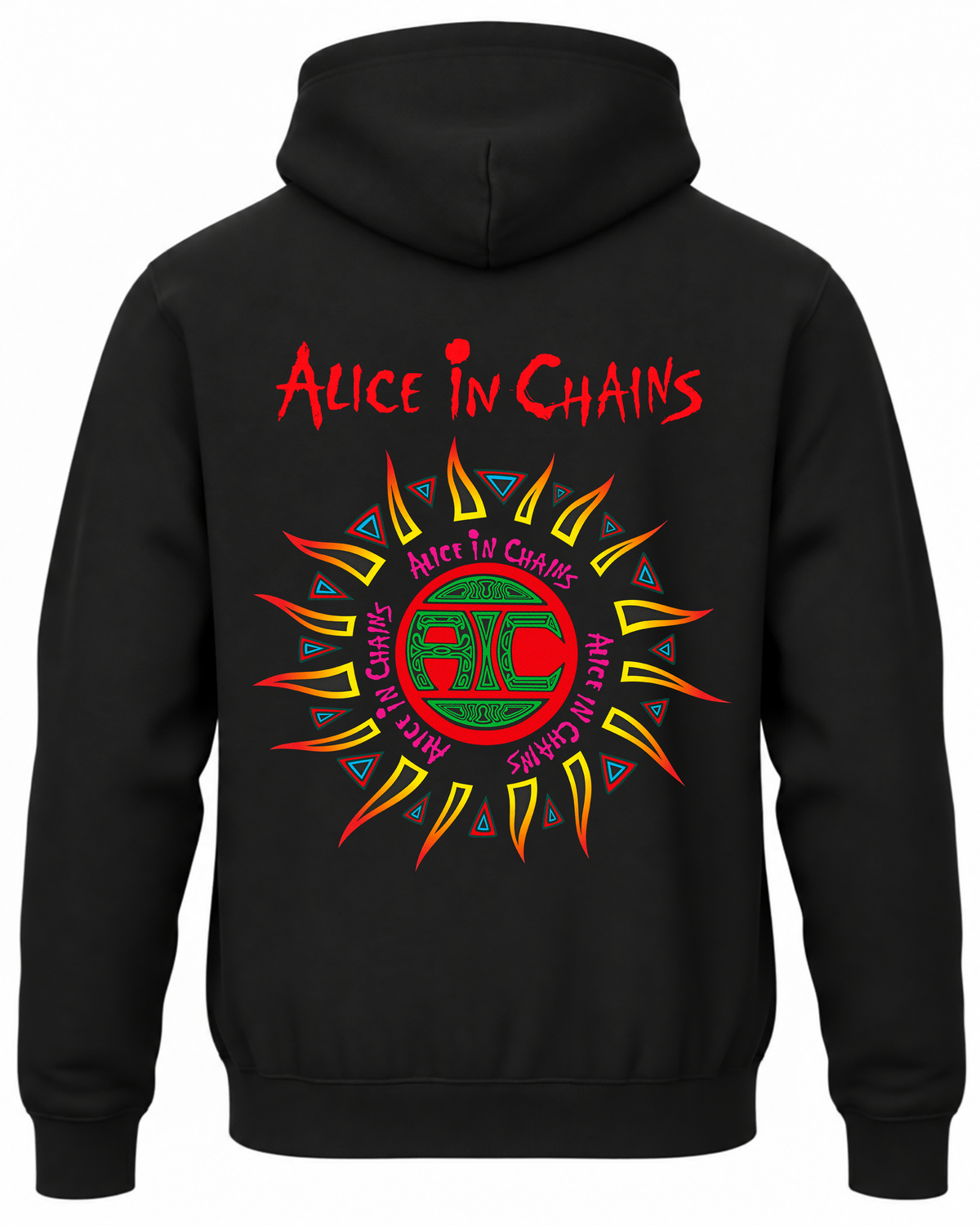 Czarna bluza z kapturem z czerwonym napisem Alice in Chains i kolorowym symbolem słońca na plecach