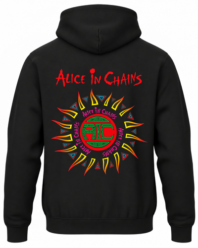 Czarna bluza z kapturem z czerwonym napisem Alice in Chains i kolorowym symbolem słońca na plecach