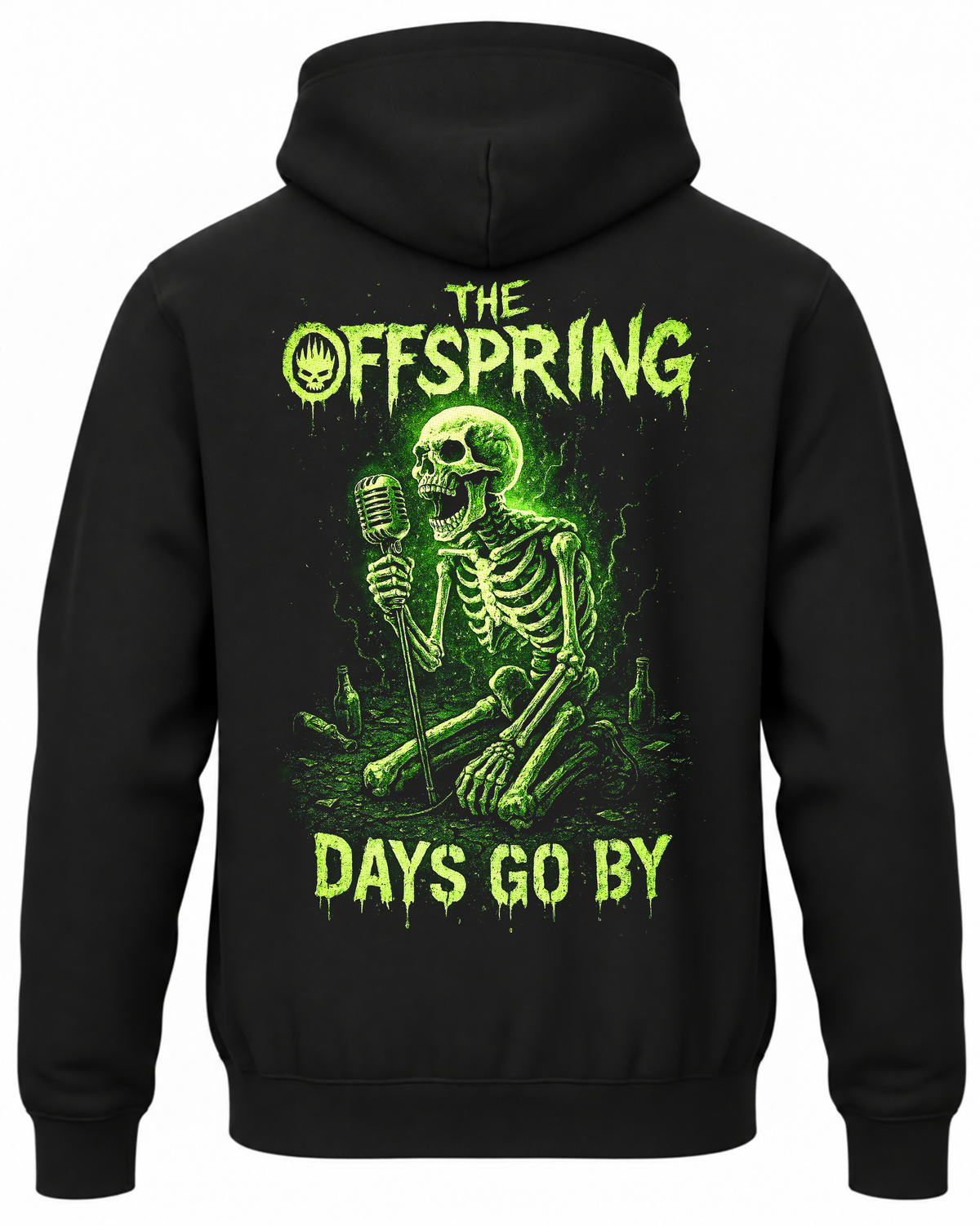 Czarna bluza z kapturem z zielonym szkieletem przy mikrofonie oraz napisami The Offspring i Days Go By na plecach