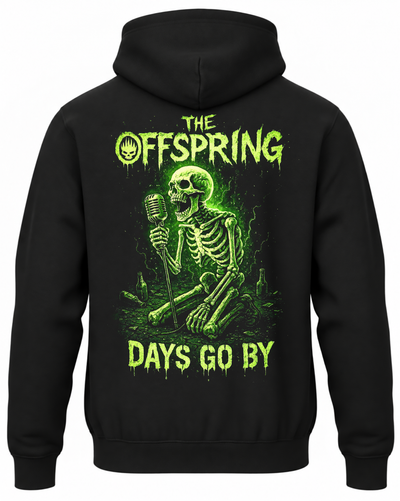 Czarna bluza z kapturem z zielonym szkieletem przy mikrofonie oraz napisami The Offspring i Days Go By na plecach