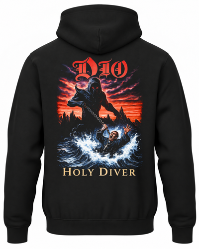 Czarna bluza z kapturem z motywem Dio Holy Diver, demonem z łańcuchem i postacią w morzu na plecach