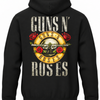 Czarna bluza z kapturem z napisem Guns N’ Roses, złotym okrągłym logo, rewolwerami i czerwonymi różami na plecach