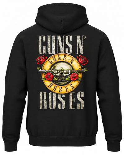 Czarna bluza z kapturem z napisem Guns N’ Roses, złotym okrągłym logo, rewolwerami i czerwonymi różami na plecach