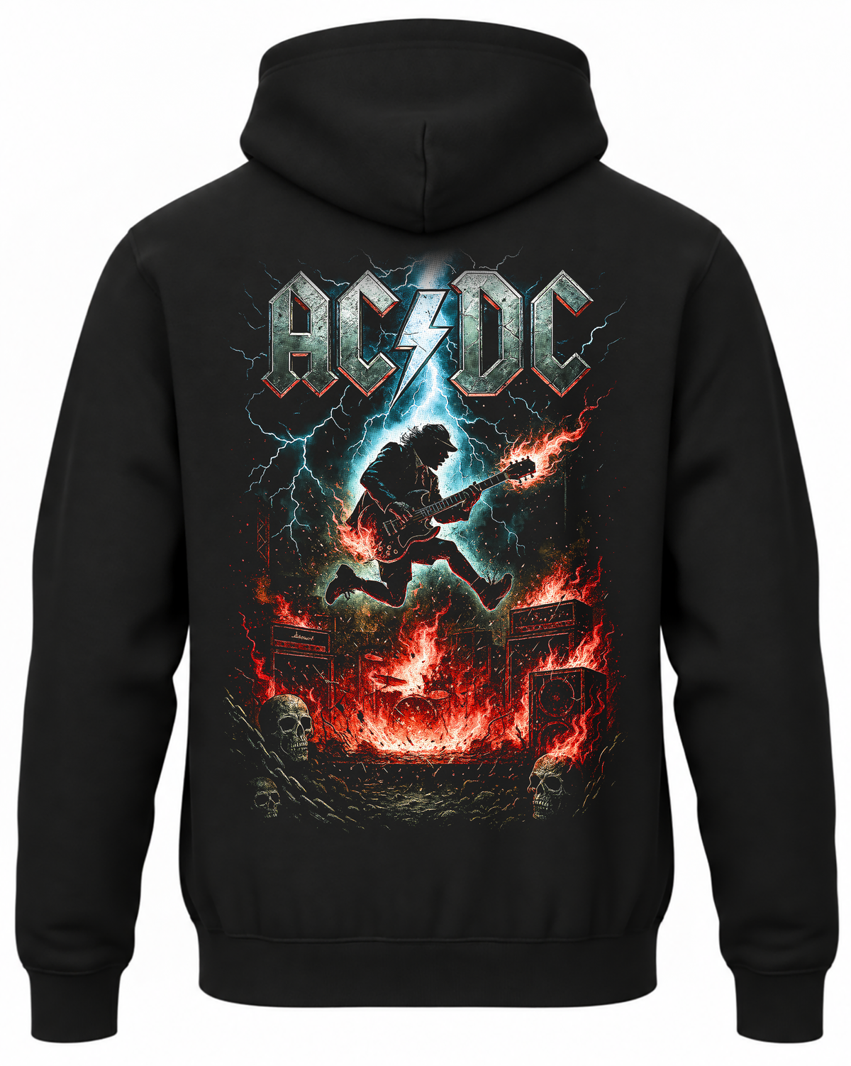 Czarna bluza z kapturem z napisem AC/DC i gitarzystą wśród piorunów oraz płomieni na plecach
