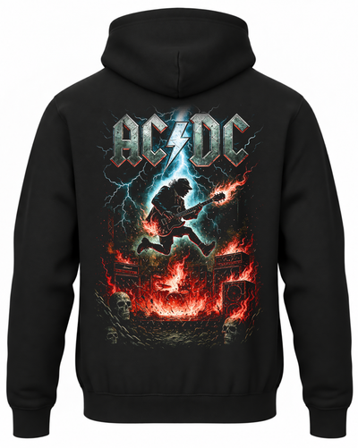 Czarna bluza z kapturem z napisem AC/DC i gitarzystą wśród piorunów oraz płomieni na plecach