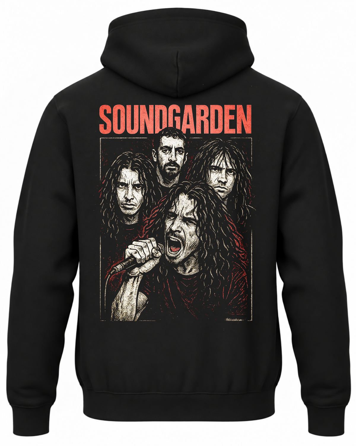 Czarna bluza z kapturem z czerwonym napisem Soundgarden i portretami muzyków, w tym wokalistą z mikrofonem na plecach
