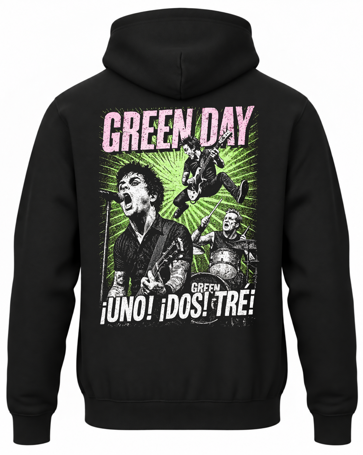 Czarna bluza z kapturem z różowym napisem Green Day, muzykami na zielonym tle i napisem Uno Dos Tré na plecach