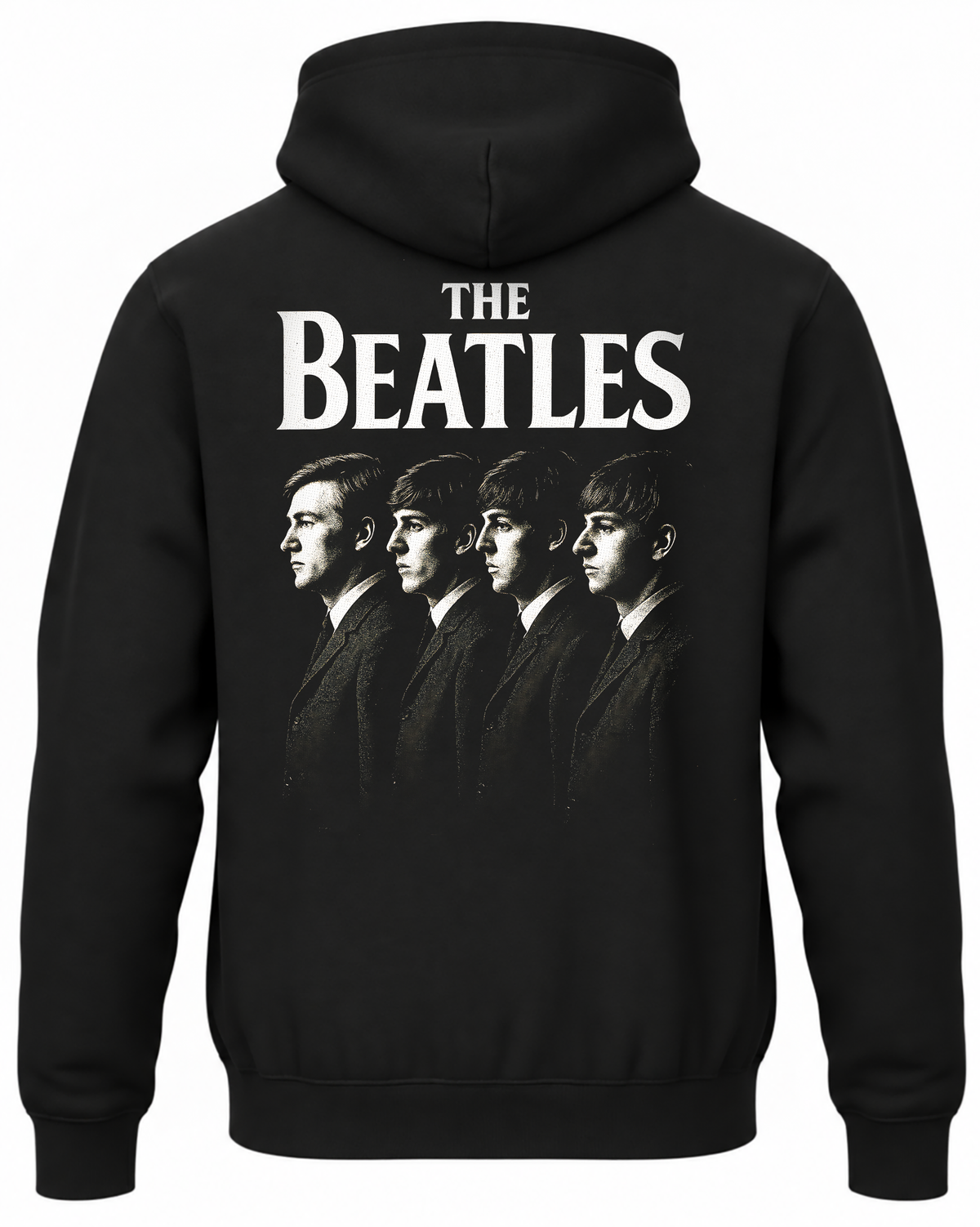 Czarna bluza z kapturem z białym napisem The Beatles i czterema portretami muzyków z profilu na plecach