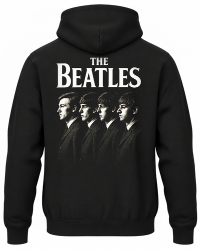 Czarna bluza z kapturem z białym napisem The Beatles i czterema portretami muzyków z profilu na plecach