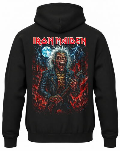 Czarna bluza z kapturem z napisem Iron Maiden i Eddiem trzymającym topór na tle księżyca, błyskawic i płomieni na plecach