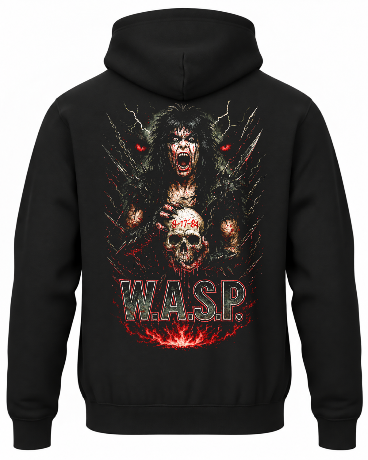 Czarna bluza z kapturem z napisem W.A.S.P., postacią trzymającą czaszkę i czerwonymi płomieniami na plecach