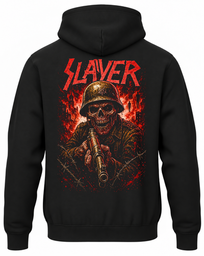 Czarna bluza z kapturem z czerwonym napisem Slayer i szkieletem żołnierza z karabinem na tle płomieni na plecach