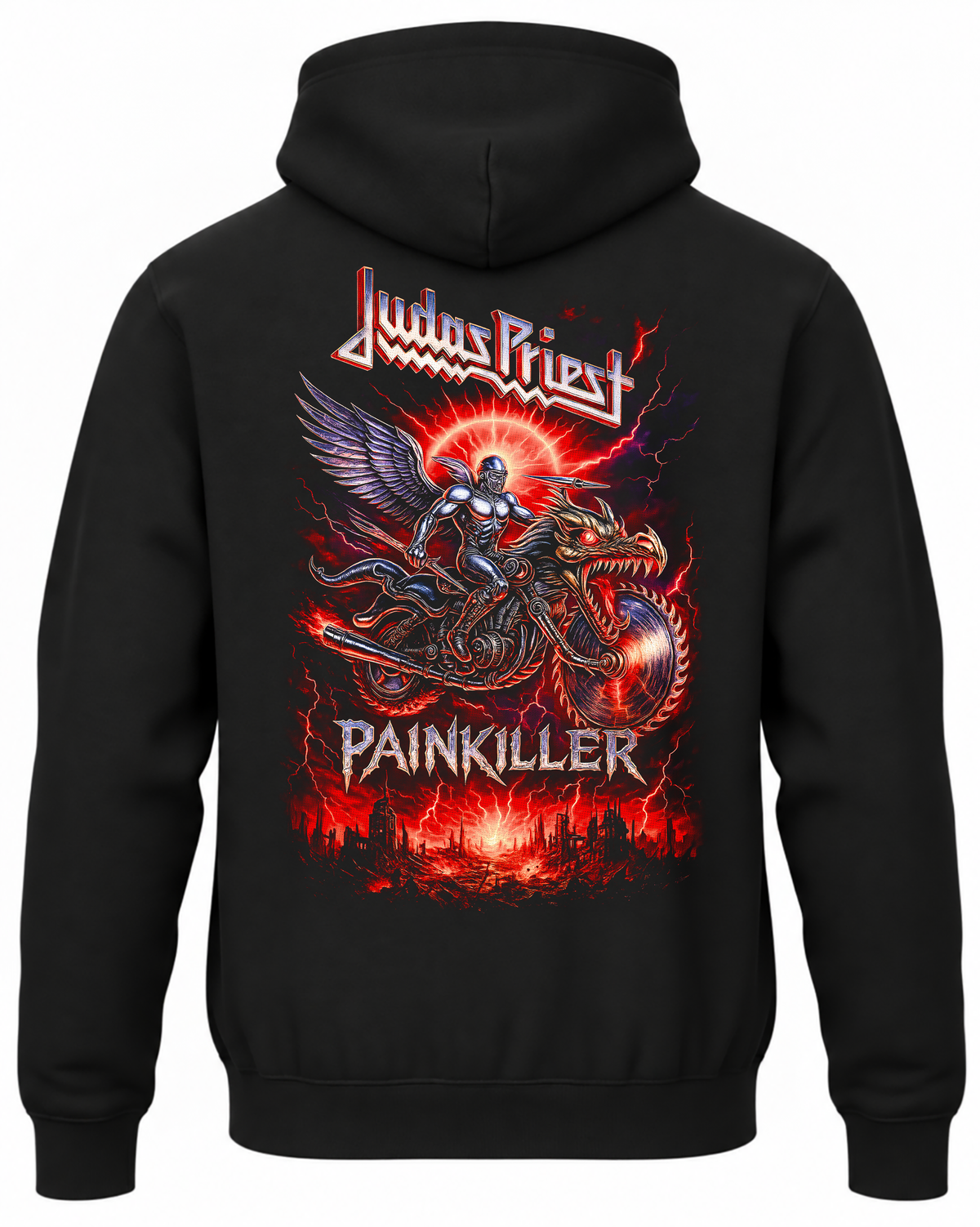 Czarna bluza z kapturem z napisem Judas Priest Painkiller i skrzydlatą postacią na motocyklu ze smokiem na plecach