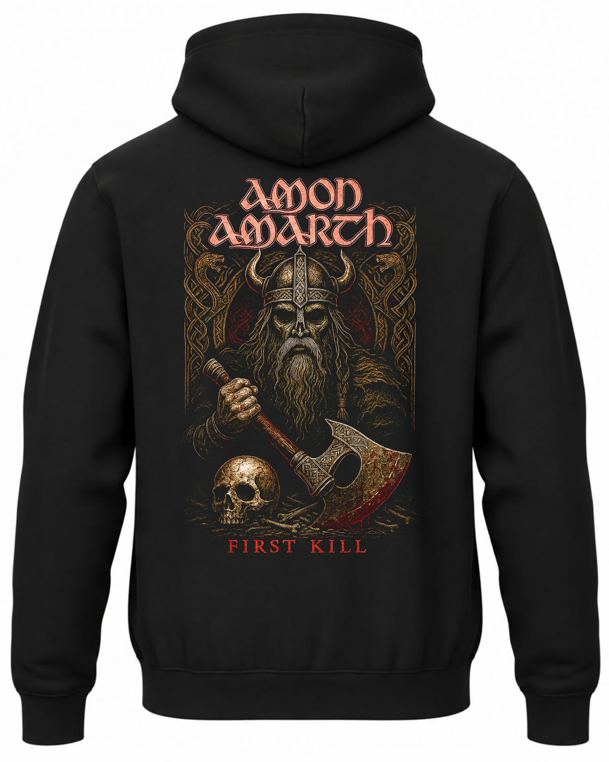 Czarna bluza z kapturem z napisem Amon Amarth First Kill, wikingiem w hełmie, toporem i czaszką na plecach
